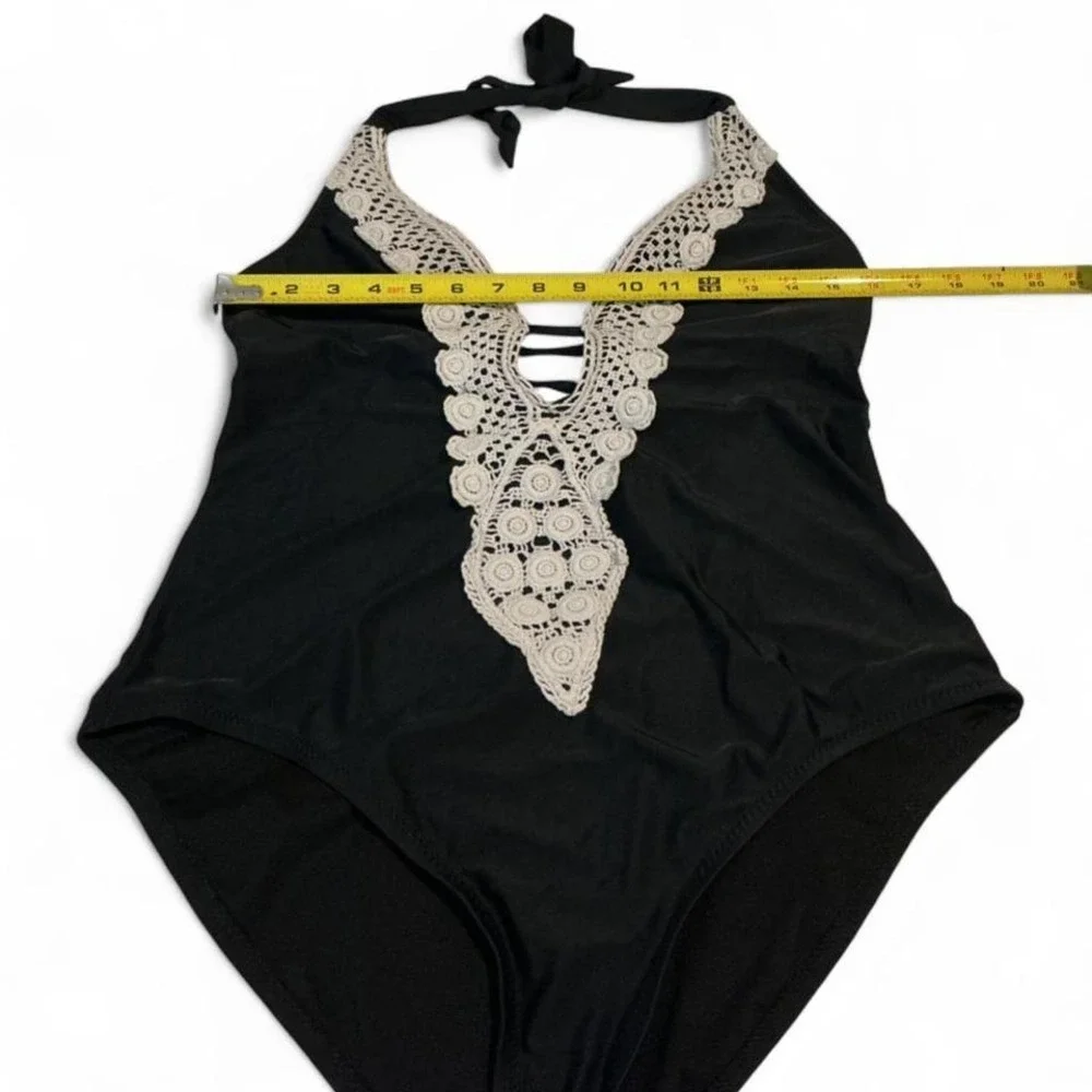 Kona Sol One Piece Swimsuit Women Large Black Crochet Halter V-Neck‎